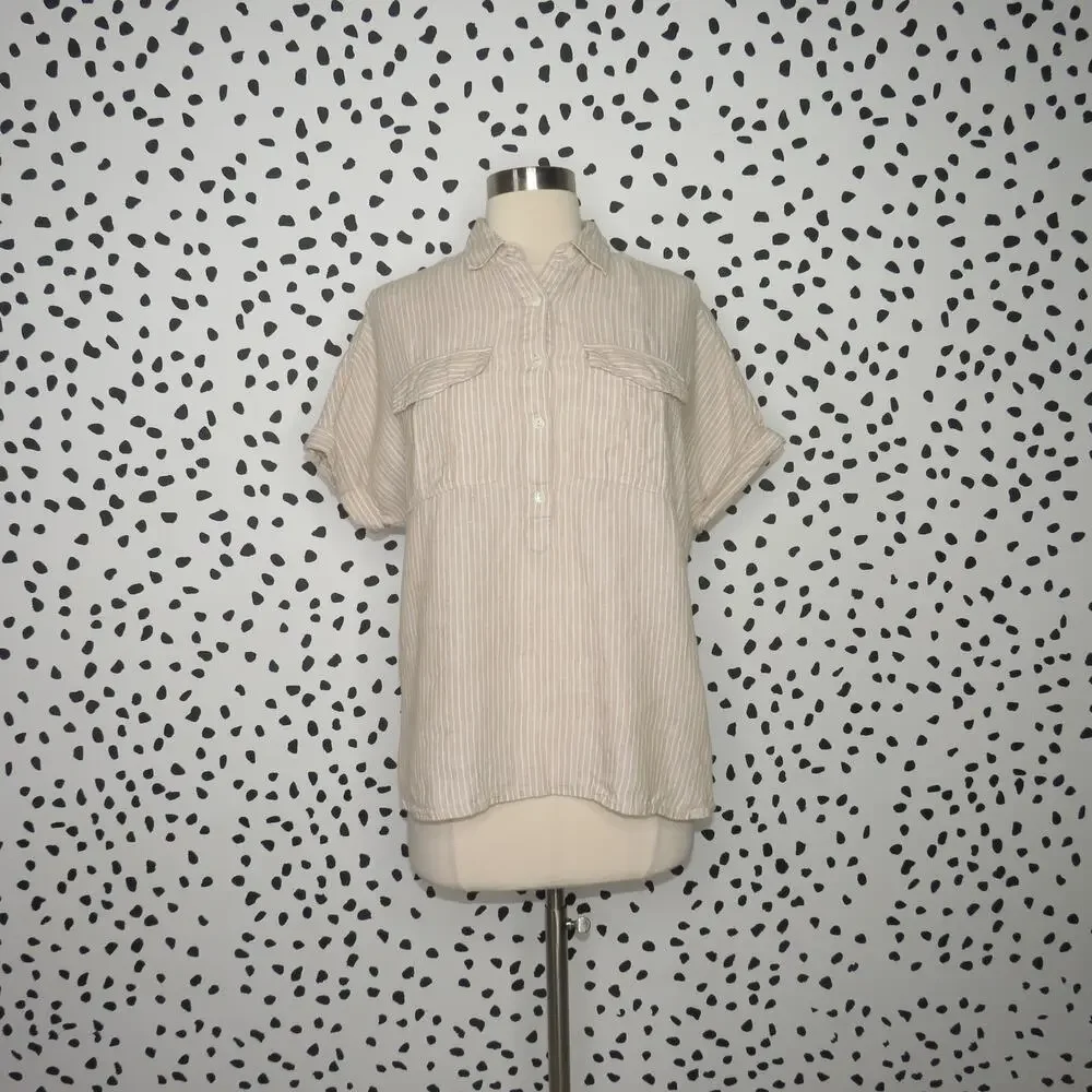 J. Crew x Baird McNutt Tan Striped Linen Short Sleeve Top - Picture 3 of 11